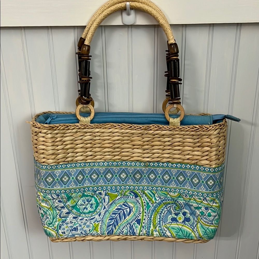Chic Blue and Tan Woven Tote with Wooden Handles